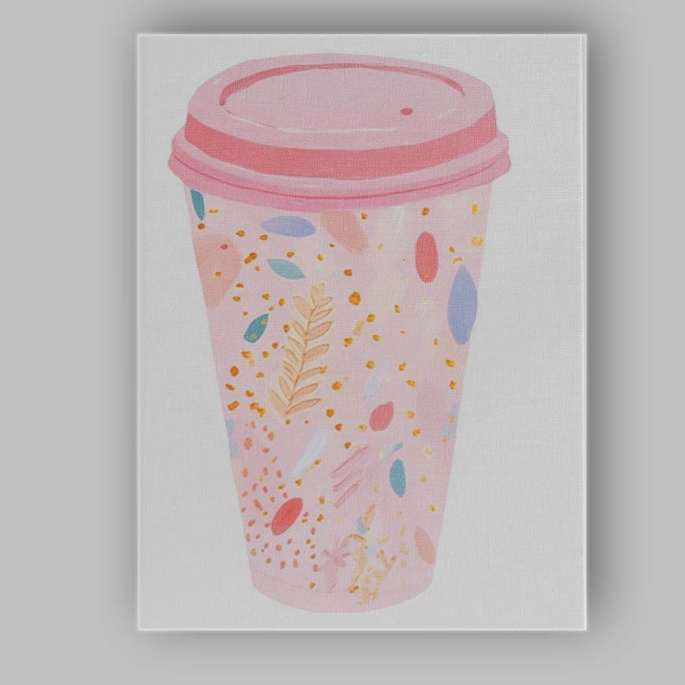 Pink Botanical Reusable Coffee Cup Watercolour Illustration Canvas Wall Art Print Decor Picture Ready to Hang