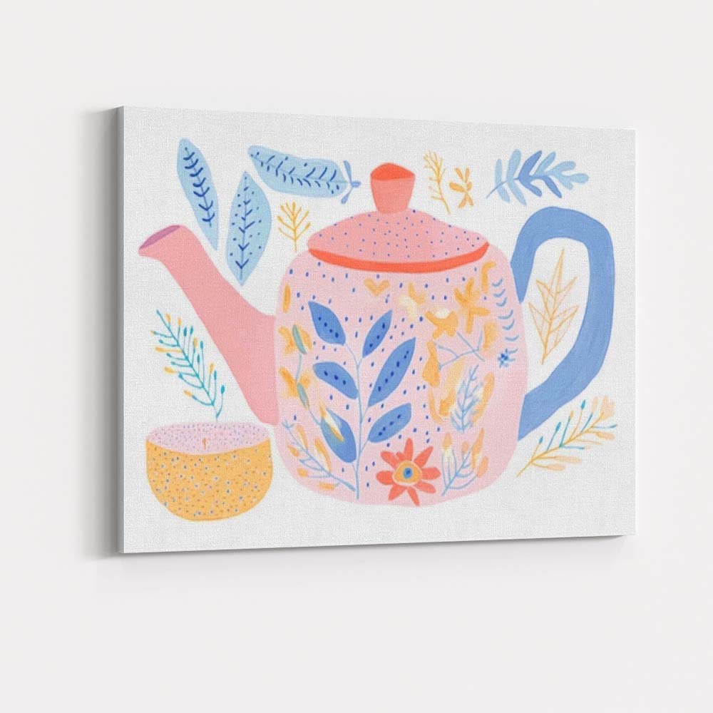 Scandinavian Floral Teapot and Tea Cup Watercolour Illustration Canvas Wall Art Print Decor Picture Ready to Hang