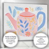 Scandinavian Floral Teapot and Tea Cup Watercolour Illustration Canvas Wall Art Print Decor Picture Ready to Hang