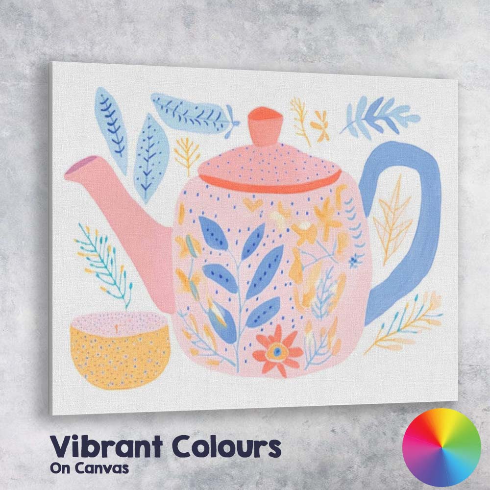 Scandinavian Floral Teapot and Tea Cup Watercolour Illustration Canvas Wall Art Print Decor Picture Ready to Hang