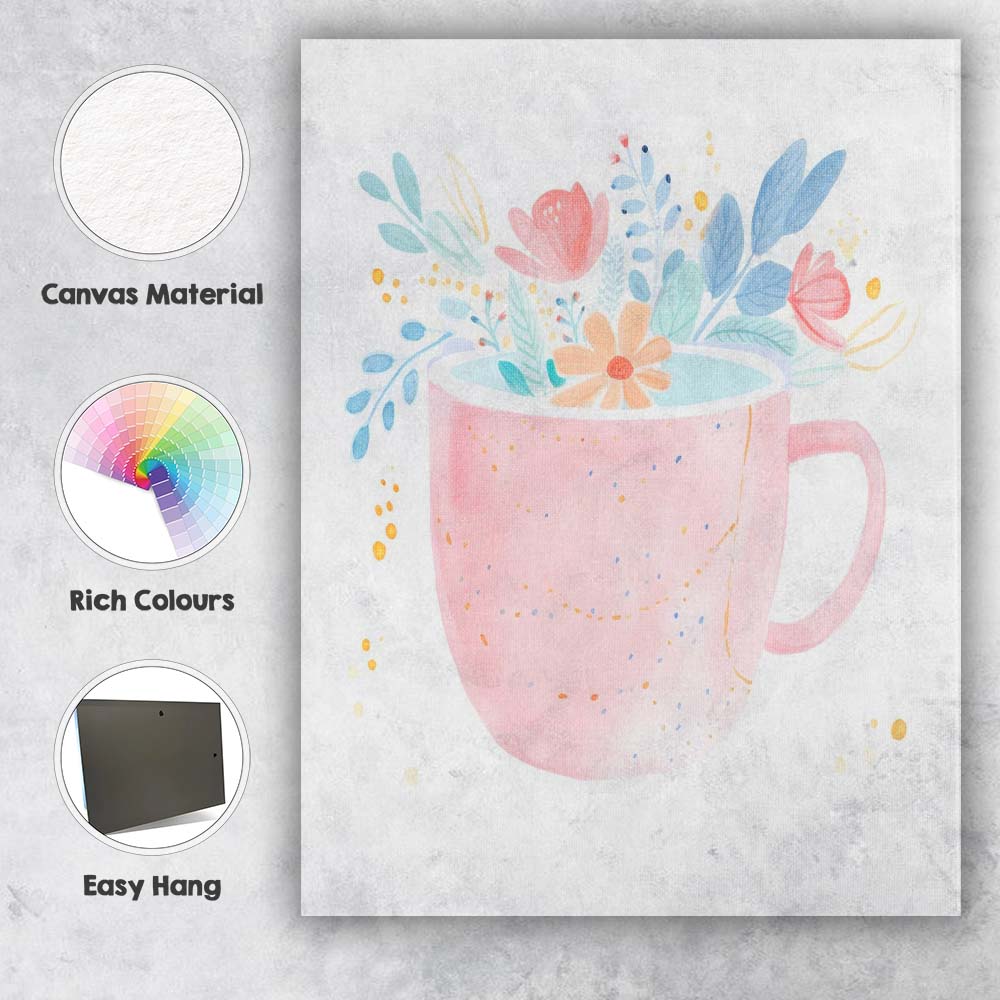 Pastel Pink Floral Tea Mug Watercolour Illustration Canvas Wall Art Print Decor Picture Ready to Hang