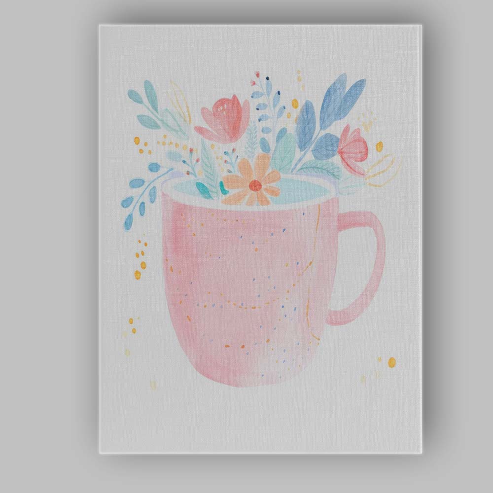 Pastel Pink Floral Tea Mug Watercolour Illustration Canvas Wall Art Print Decor Picture Ready to Hang