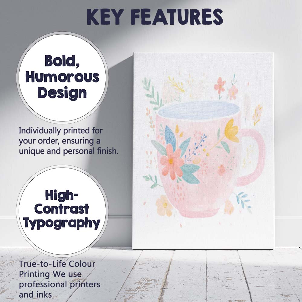 Pink Botanical Coffee Mug Watercolour Floral Illustration Canvas Wall Art Print Decor Picture Ready to Hang