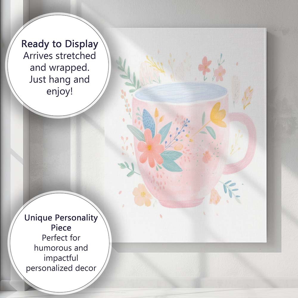 Pink Botanical Coffee Mug Watercolour Floral Illustration Canvas Wall Art Print Decor Picture Ready to Hang