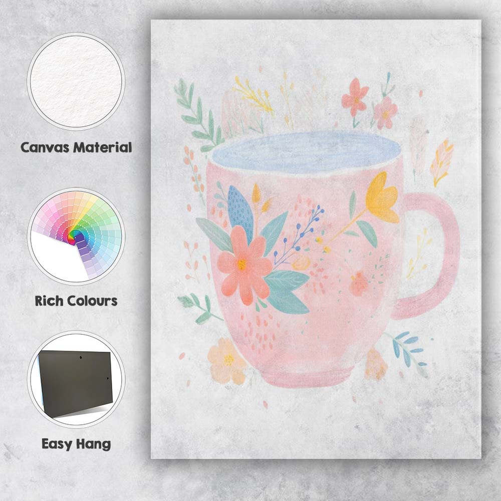 Pink Botanical Coffee Mug Watercolour Floral Illustration Canvas Wall Art Print Decor Picture Ready to Hang