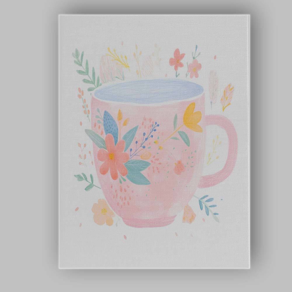 Pink Botanical Coffee Mug Watercolour Floral Illustration Canvas Wall Art Print Decor Picture Ready to Hang