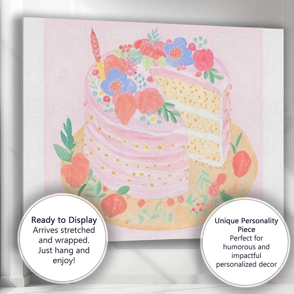 Pink Floral Celebration Layer Cake Watercolour Dessert Canvas Wall Art Print Decor Picture Ready to Hang