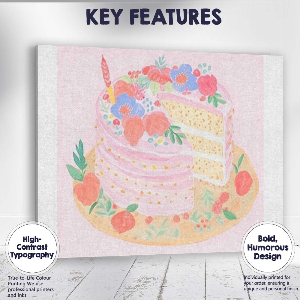 Pink Floral Celebration Layer Cake Watercolour Dessert Canvas Wall Art Print Decor Picture Ready to Hang