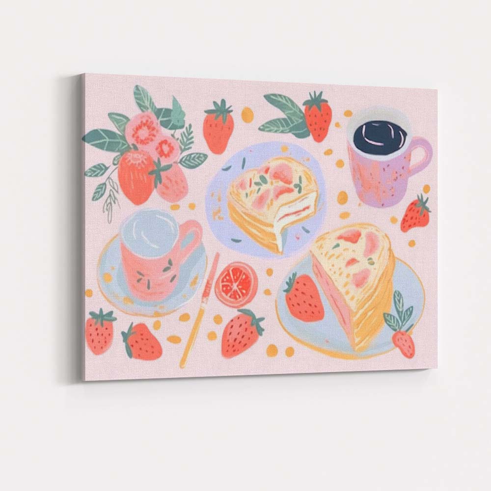 Strawberry Cake and Coffee Breakfast Watercolour Illustration Canvas Wall Art Print Decor Picture Ready to Hang
