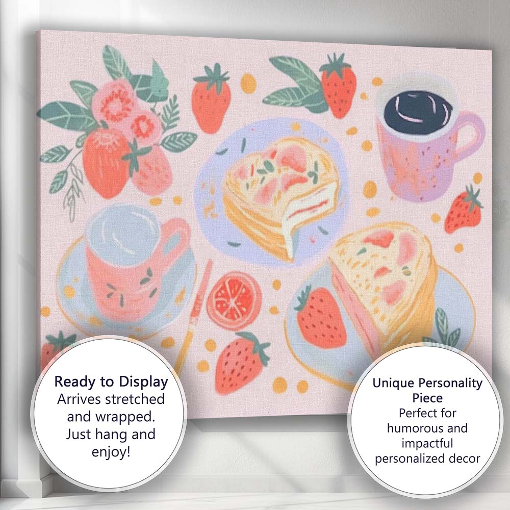 Strawberry Cake and Coffee Breakfast Watercolour Illustration Canvas Wall Art Print Decor Picture Ready to Hang