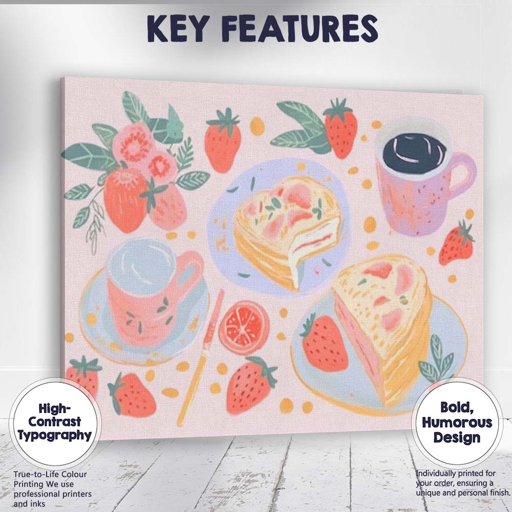 Strawberry Cake and Coffee Breakfast Watercolour Illustration Canvas Wall Art Print Decor Picture Ready to Hang