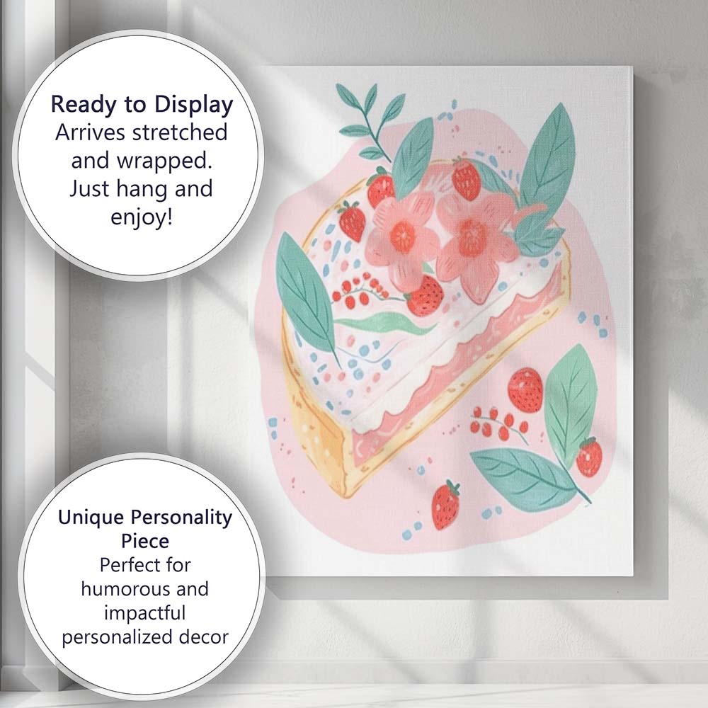 Strawberry Floral Dessert Tart Watercolour Illustration Canvas Wall Art Print Decor Picture Ready to Hang