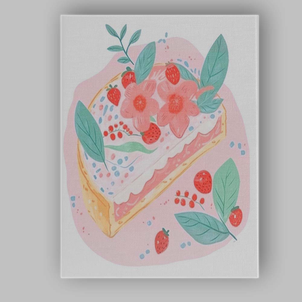 Strawberry Floral Dessert Tart Watercolour Illustration Canvas Wall Art Print Decor Picture Ready to Hang