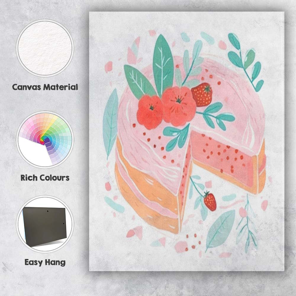 Pink Strawberry Layer Cake Watercolour Dessert Illustration Canvas Wall Art Print Decor Picture Ready to Hang