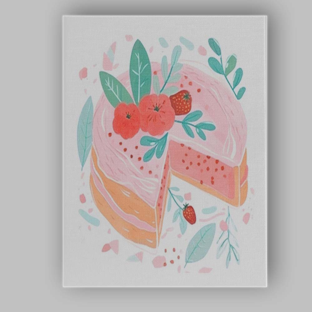 Pink Strawberry Layer Cake Watercolour Dessert Illustration Canvas Wall Art Print Decor Picture Ready to Hang