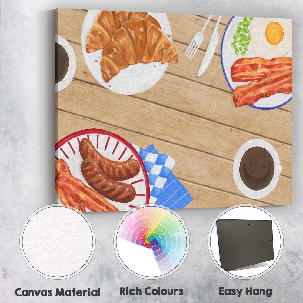 Rustic Full English Breakfast Watercolour Food Illustration Canvas Wall Art Print Decor Picture Ready to Hang