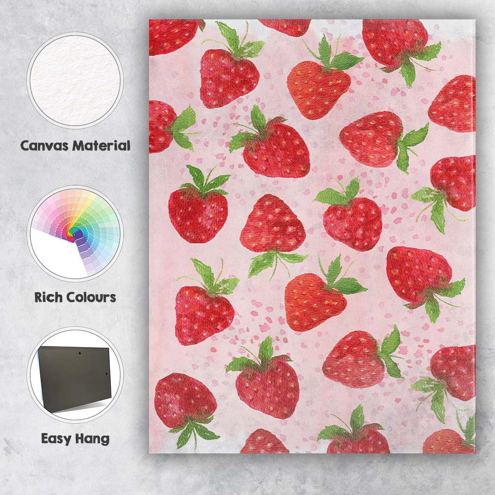Watercolour Strawberry Repeat Pattern Pink Background Canvas Wall Art Print Decor Picture Ready to Hang