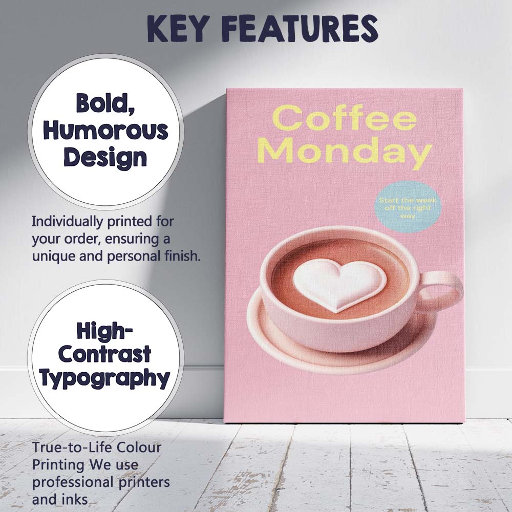 Pink Coffee Monday Heart Latte Illustration Canvas Wall Art Print Decor Picture Ready to Hang