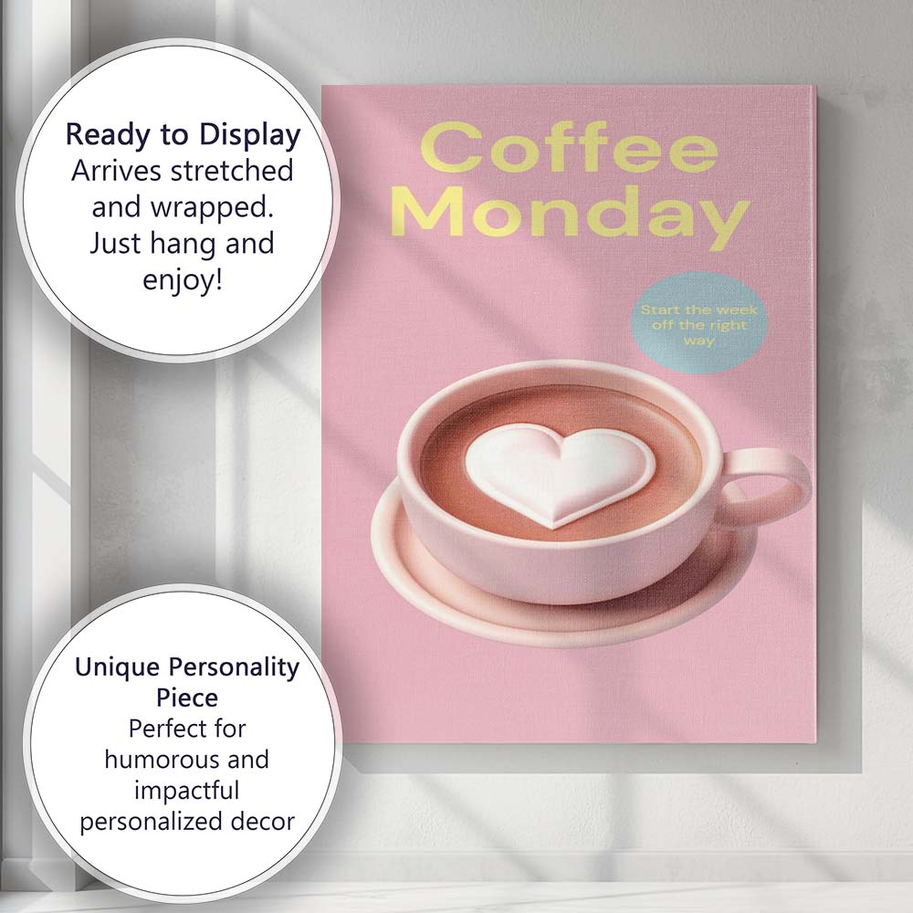 Pink Coffee Monday Heart Latte Illustration Canvas Wall Art Print Decor Picture Ready to Hang