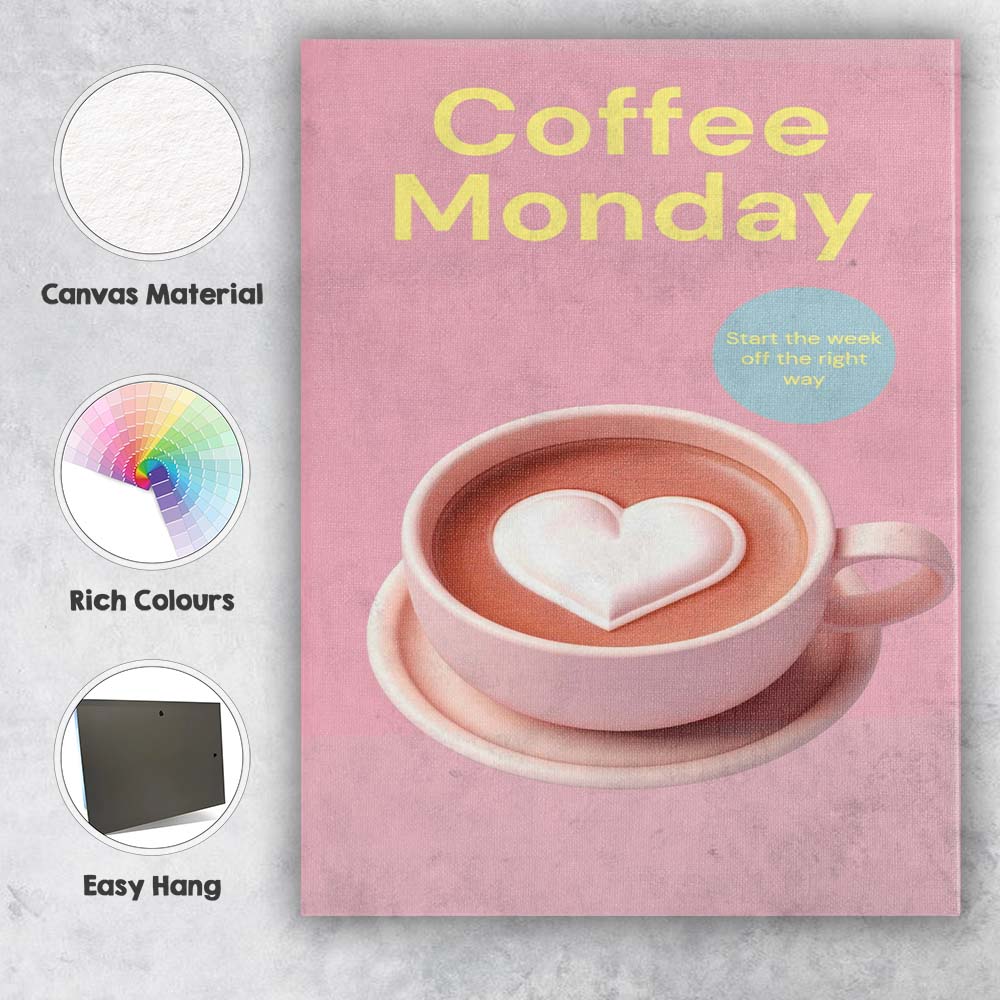 Pink Coffee Monday Heart Latte Illustration Canvas Wall Art Print Decor Picture Ready to Hang