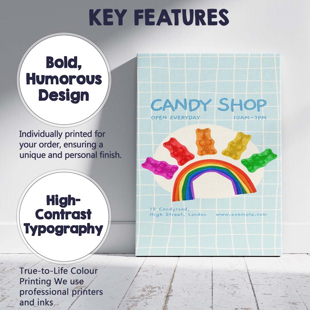 Cute Gummy Bear Rainbow Candy Shop Poster Canvas Wall Art Print Decor Picture Ready to Hang