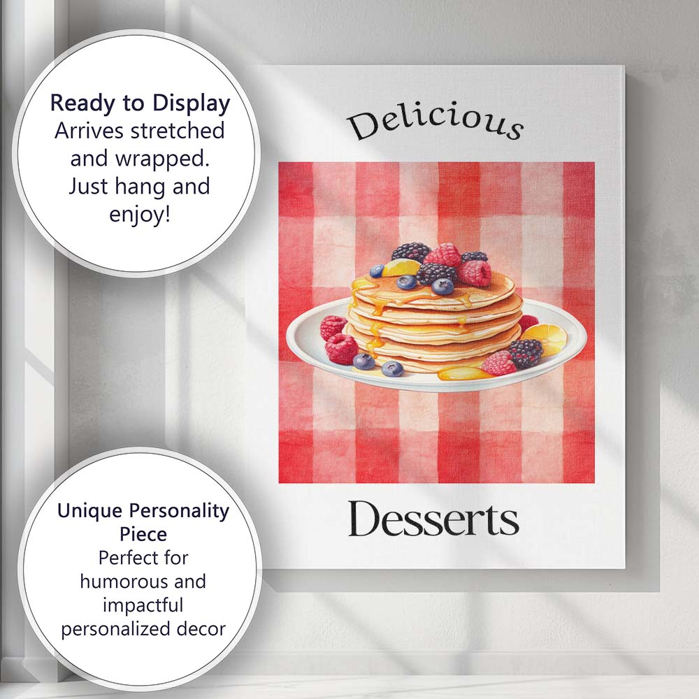 Berry Pancake Breakfast Watercolour Dessert Illustration Canvas Wall Art Print Decor Picture Ready to Hang