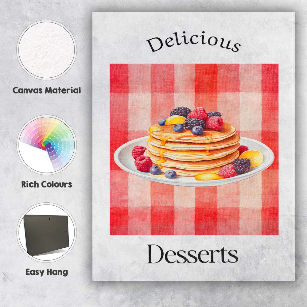 Berry Pancake Breakfast Watercolour Dessert Illustration Canvas Wall Art Print Decor Picture Ready to Hang