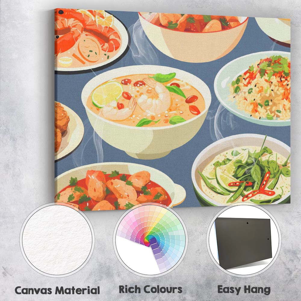Asian Seafood Curry Rice and Soup Food Pattern Canvas Wall Art Print Decor Picture Ready to Hang