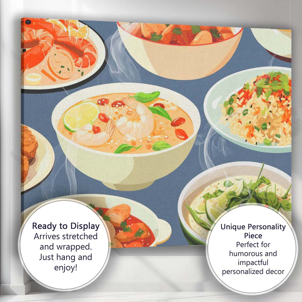 Asian Seafood Curry Rice and Soup Food Pattern Canvas Wall Art Print Decor Picture Ready to Hang