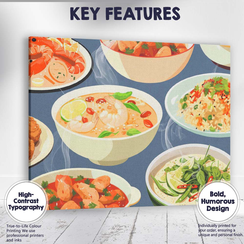 Asian Seafood Curry Rice and Soup Food Pattern Canvas Wall Art Print Decor Picture Ready to Hang