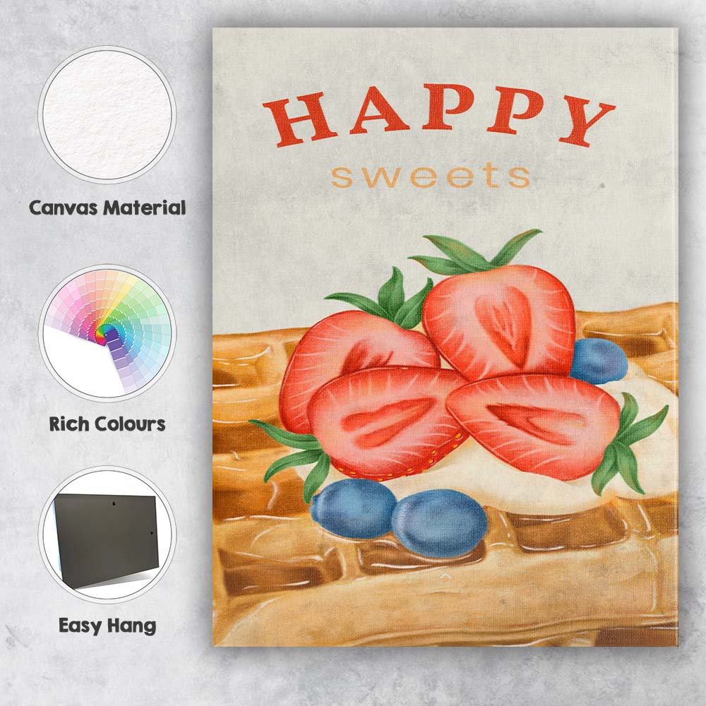 Strawberry Waffle Sweet Dessert Watercolour Illustration Canvas Wall Art Print Decor Picture Ready to Hang