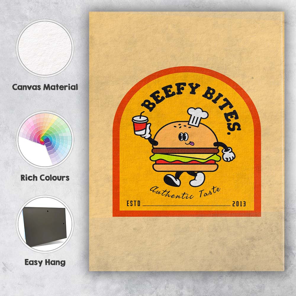 Cute Cartoon Burger Fast Food Mascot Retro Illustration Canvas Wall Art Print Decor Picture Ready to Hang