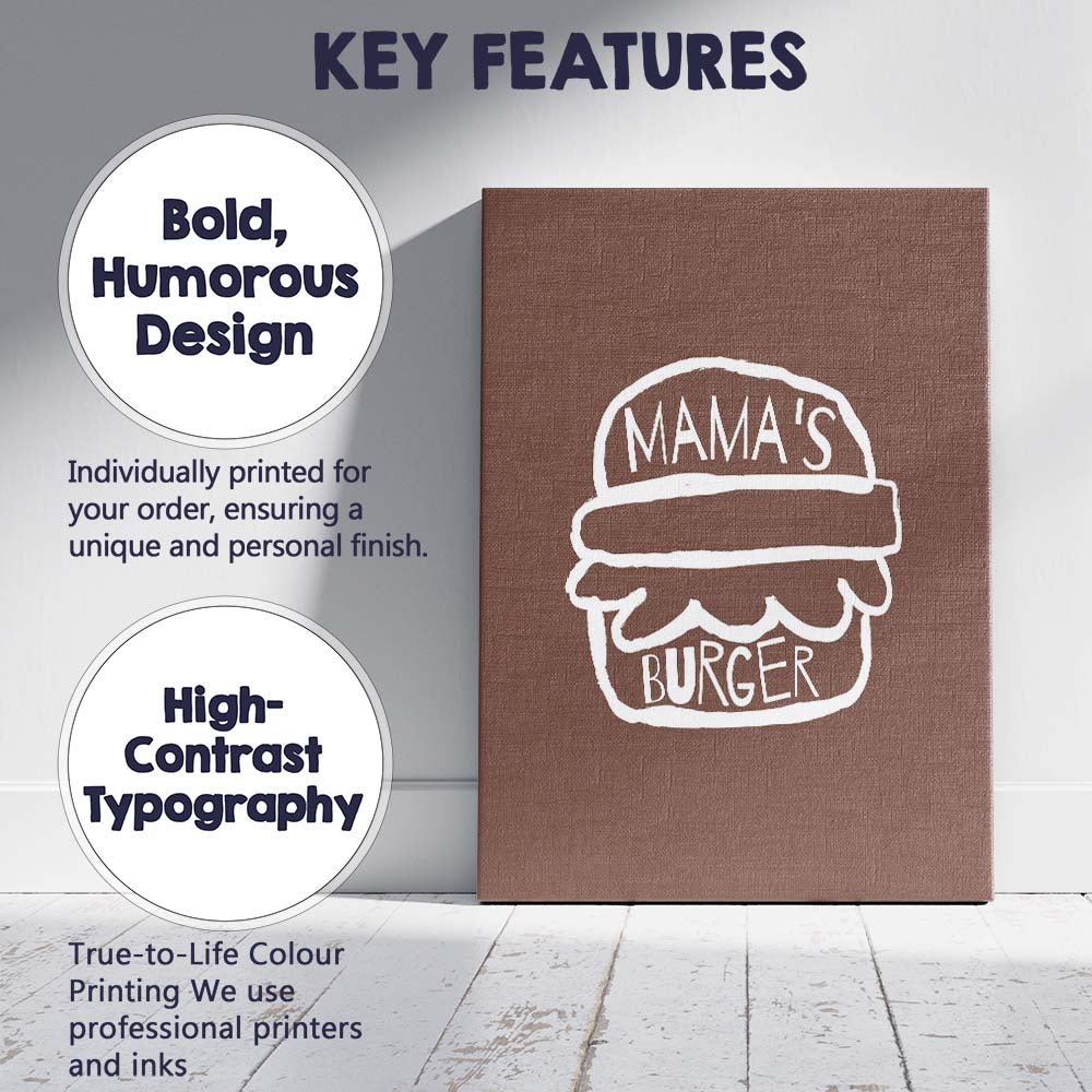 Minimalist Mama Burger Fast Food Typography Illustration Canvas Wall Art Print Decor Picture Ready to Hang
