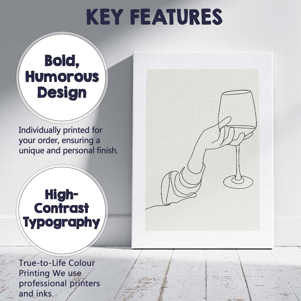 Minimalist Hand Holding Wine Glass Continuous Line Drawing Canvas Wall Art Print Decor Picture Ready to Hang