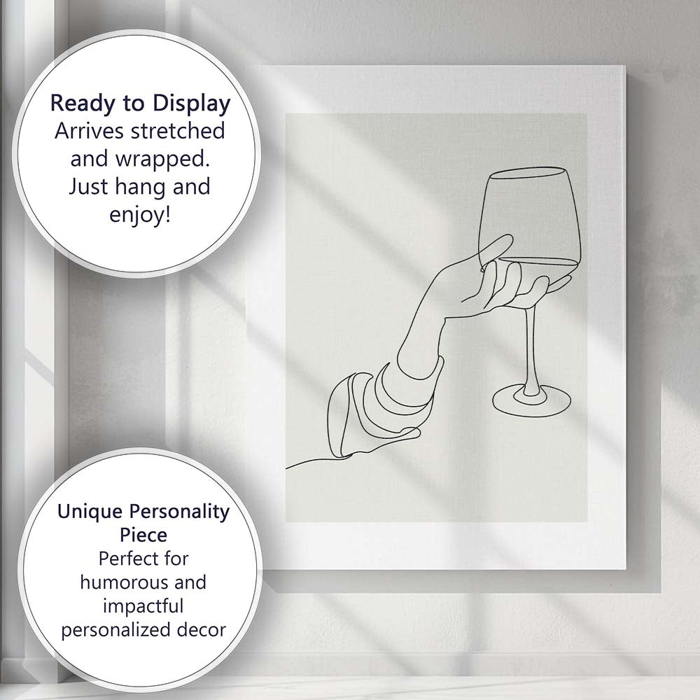 Minimalist Hand Holding Wine Glass Continuous Line Drawing Canvas Wall Art Print Decor Picture Ready to Hang