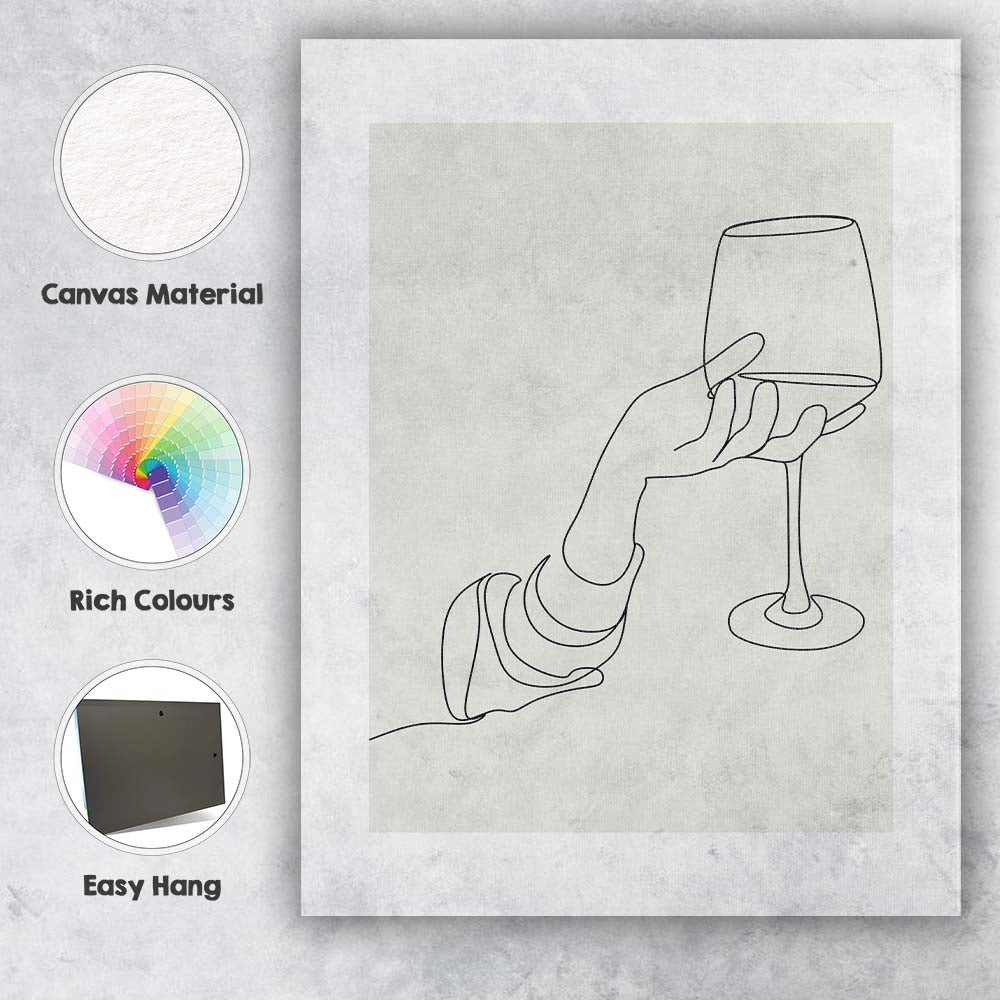 Minimalist Hand Holding Wine Glass Continuous Line Drawing Canvas Wall Art Print Decor Picture Ready to Hang