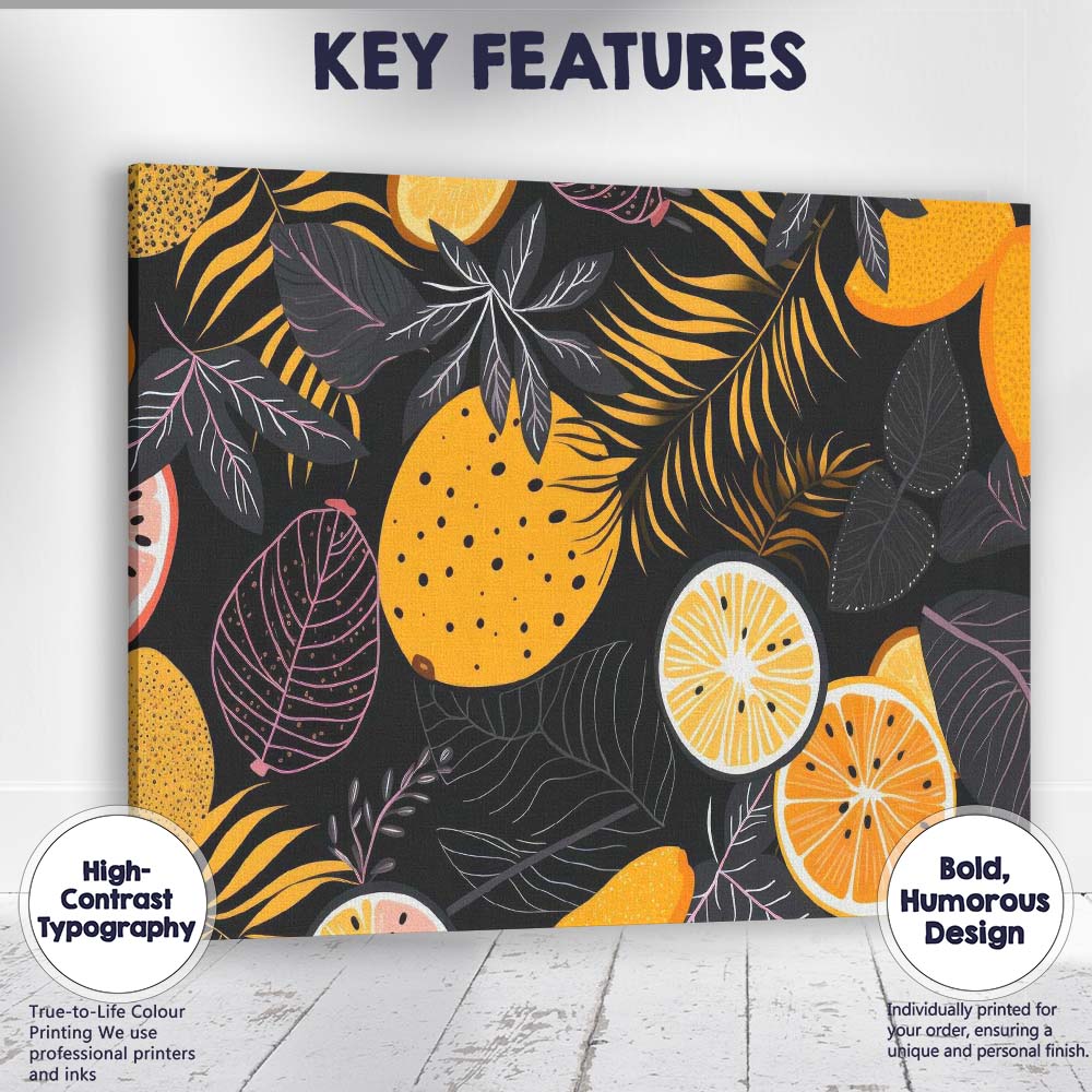 Dark Tropical Citrus Fruit Botanical Leaf Pattern Canvas Wall Art Print Decor Picture Ready to Hang
