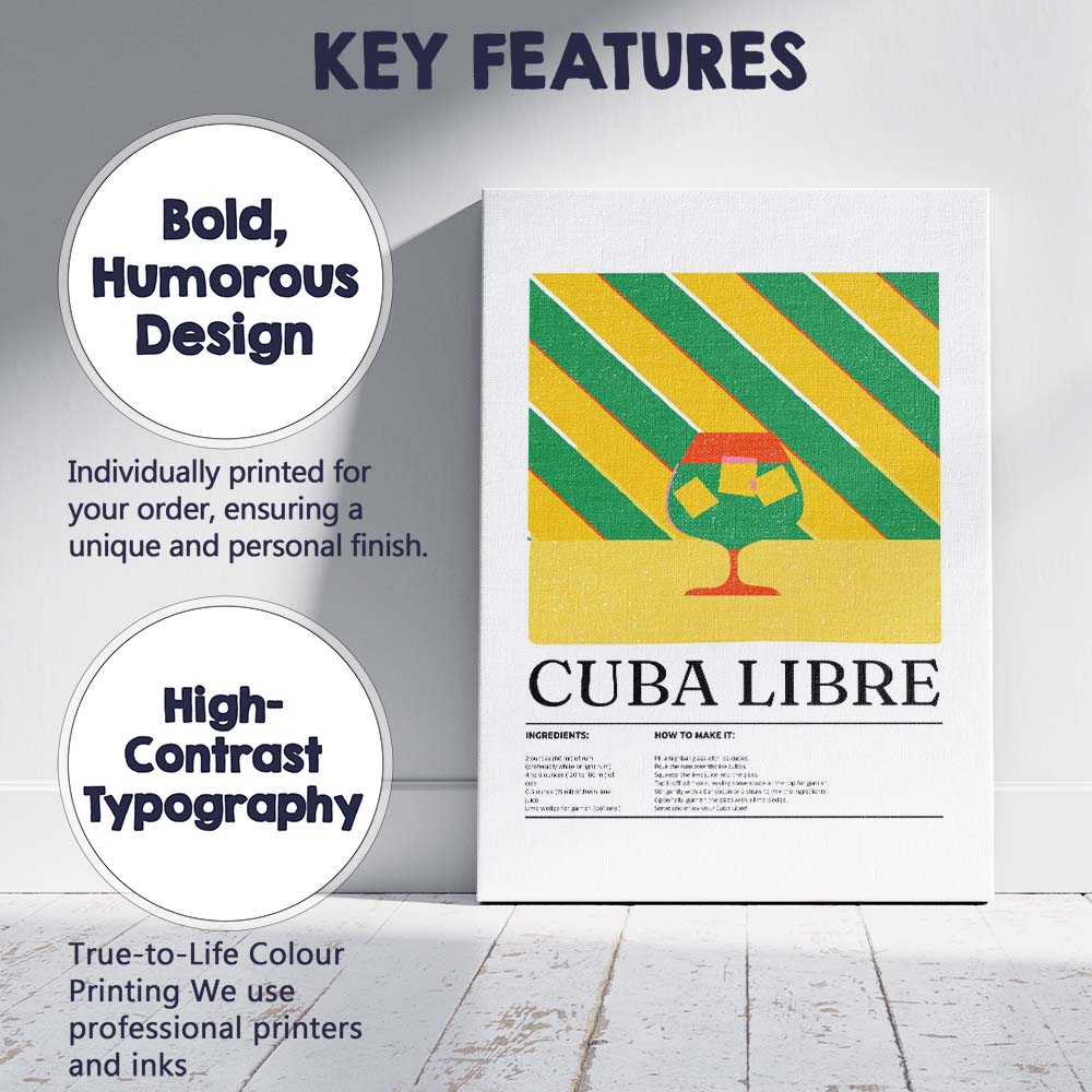 Minimalist Cuba Libre Cocktail Recipe Kitchen Print Canvas Wall Art Print Decor Picture Ready to Hang
