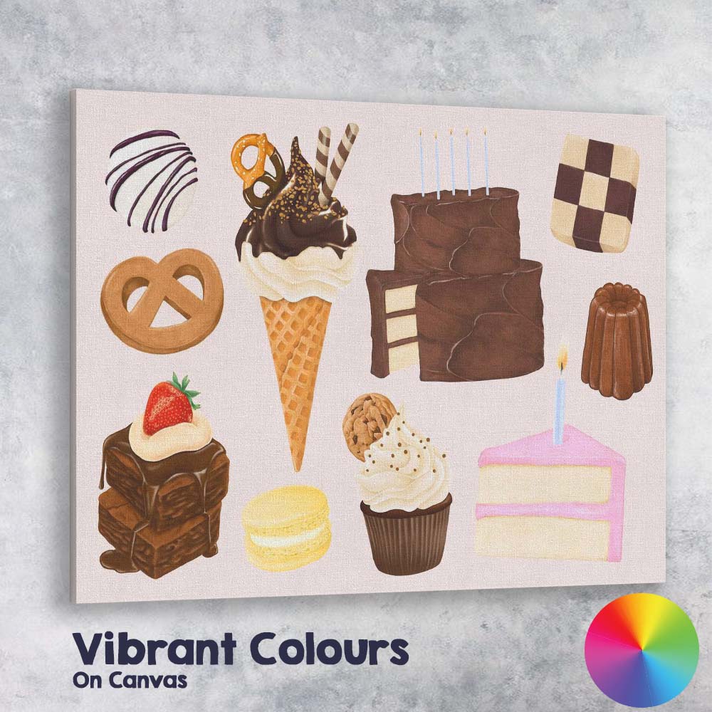 Chocolate Desserts and Sweet Treats Watercolour Illustration Canvas Wall Art Print Decor Picture Ready to Hang