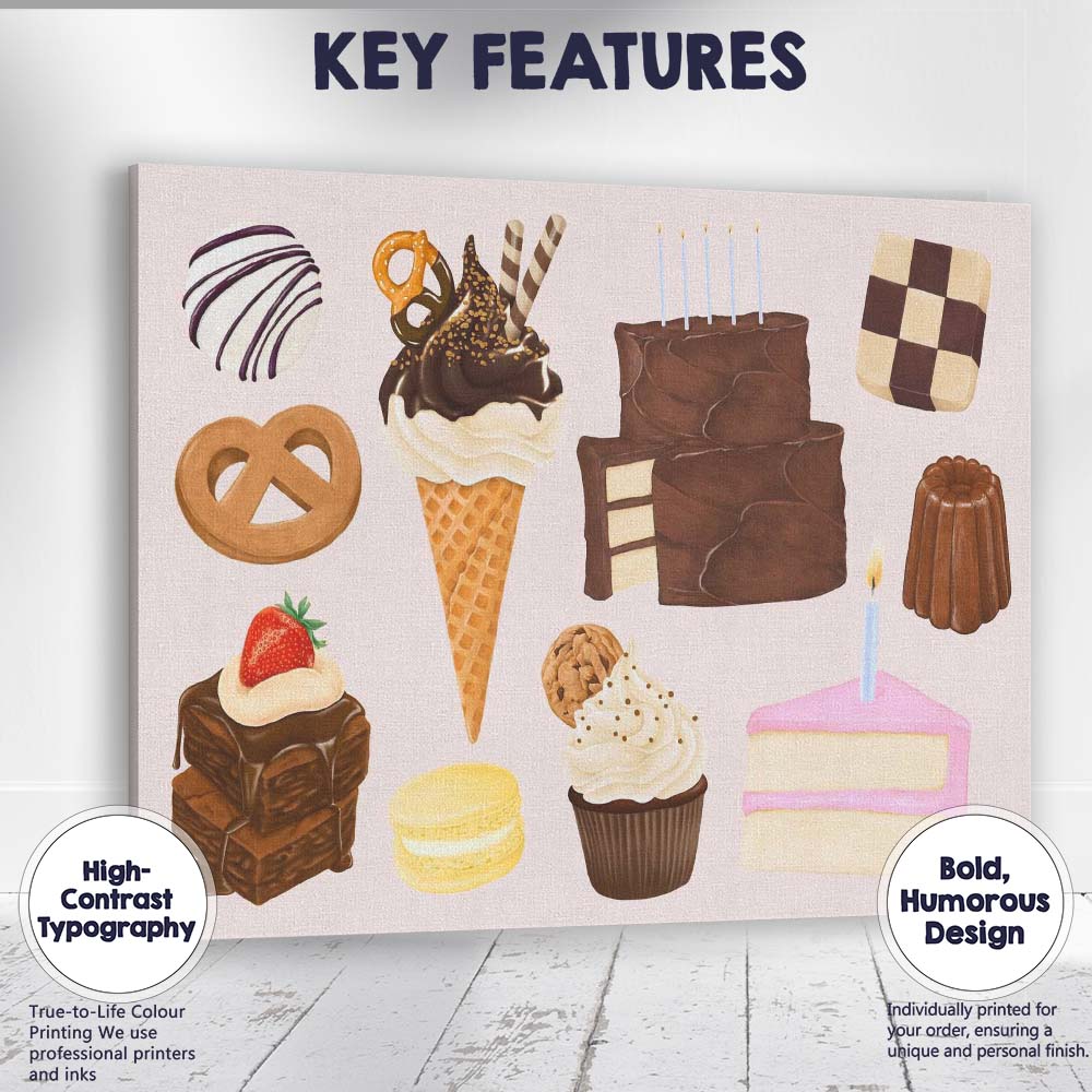Chocolate Desserts and Sweet Treats Watercolour Illustration Canvas Wall Art Print Decor Picture Ready to Hang