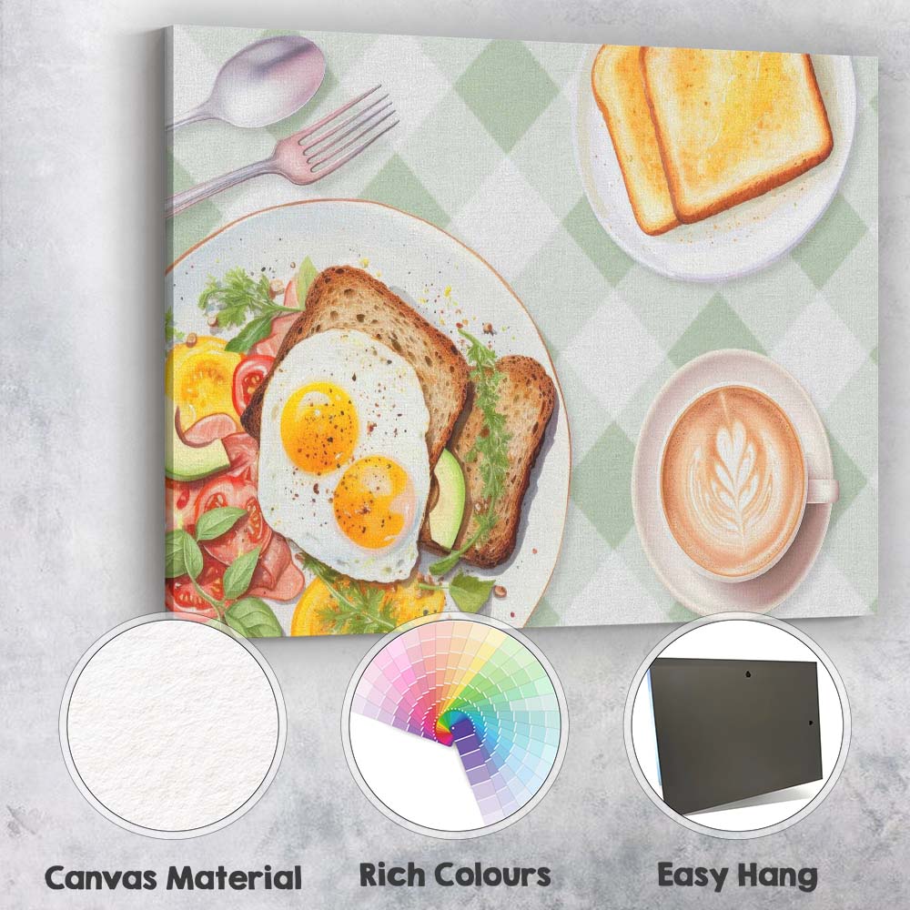 Healthy Breakfast Eggs on Toast Coffee Brunch Watercolour Canvas Wall Art Print Decor Picture Ready to Hang
