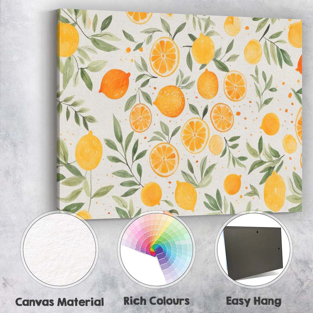 Watercolour Lemon and Orange Botanical Repeat Pattern Canvas Wall Art Print Decor Picture Ready to Hang