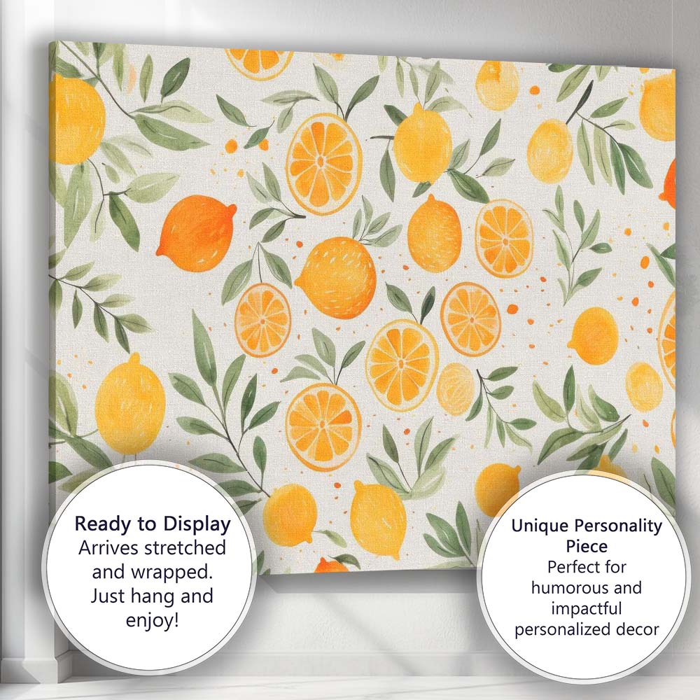 Watercolour Lemon and Orange Botanical Repeat Pattern Canvas Wall Art Print Decor Picture Ready to Hang