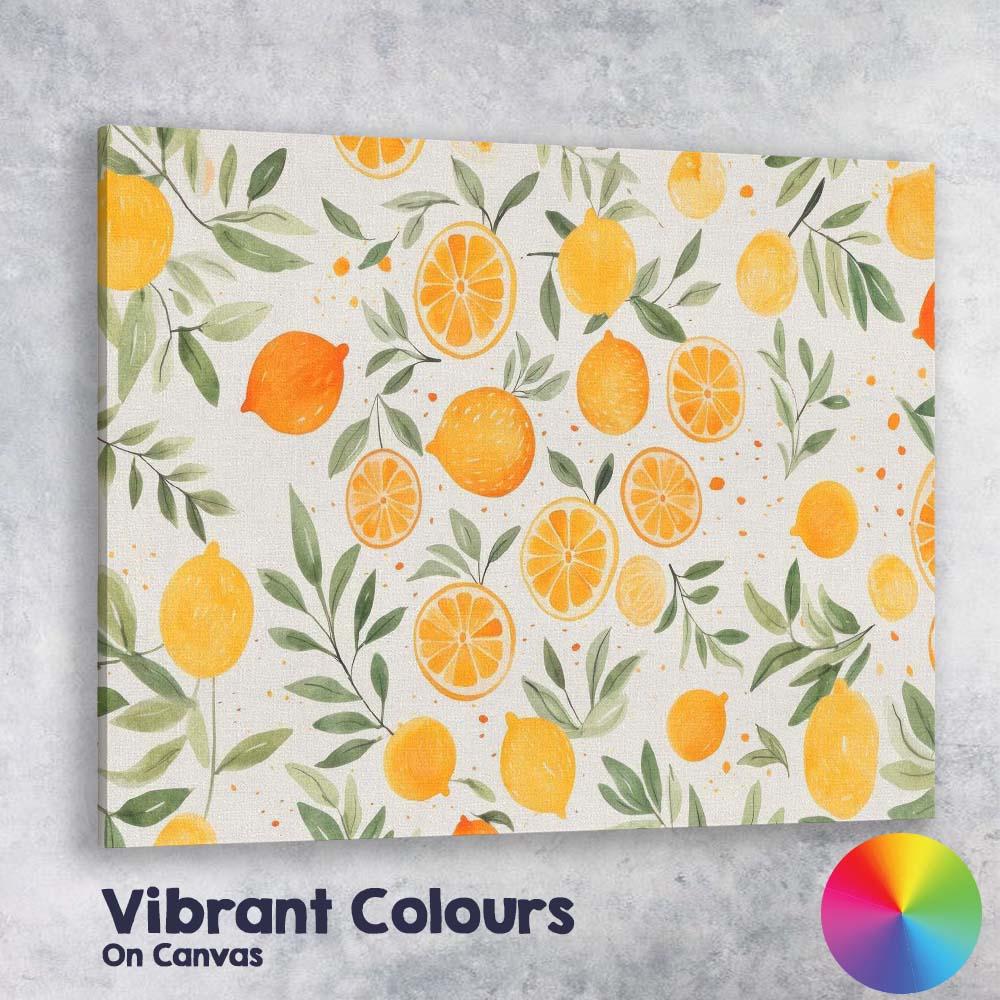 Watercolour Lemon and Orange Botanical Repeat Pattern Canvas Wall Art Print Decor Picture Ready to Hang