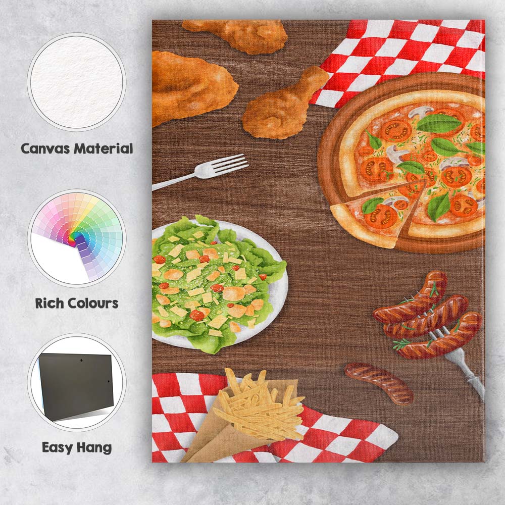 Watercolour Pizza Fried Chicken Sausage and Fries Food Illustration Canvas Wall Art Print Decor Picture Ready to Hang