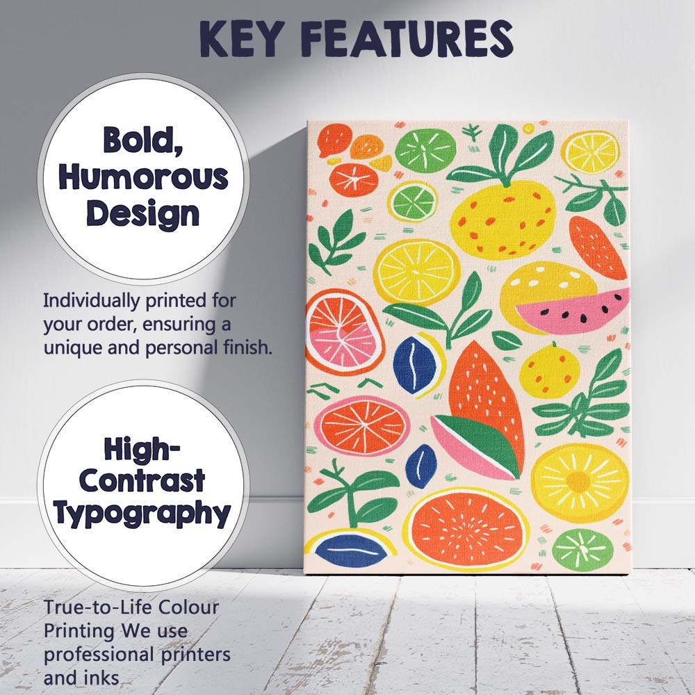 Playful Colourful Citrus Fruit Abstract Pattern Canvas Wall Art Print Decor Picture Ready to Hang