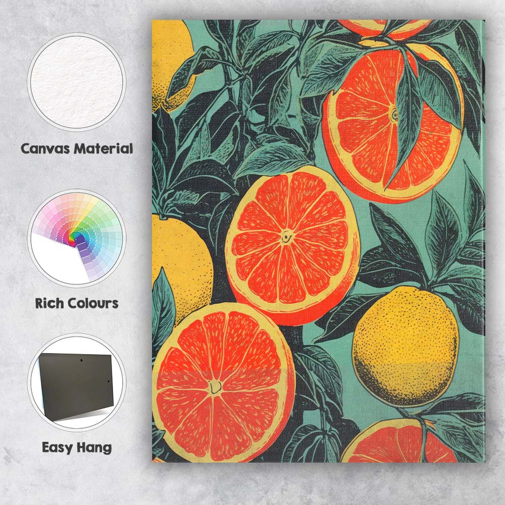 Retro Grapefruit Citrus Orchard Botanical Pattern Canvas Wall Art Print Decor Picture Ready to Hang