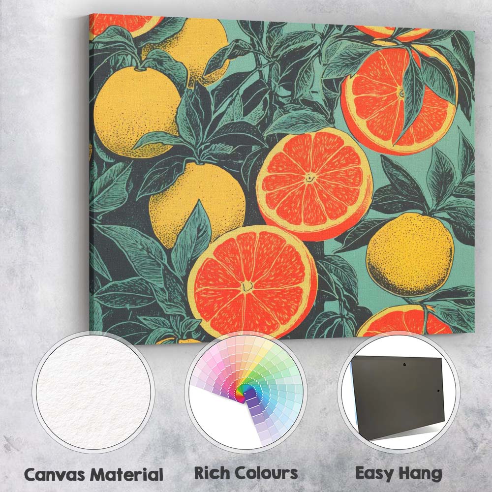 Retro Grapefruit Lemon and Citrus Botanical Pattern Canvas Wall Art Print Decor Picture Ready to Hang