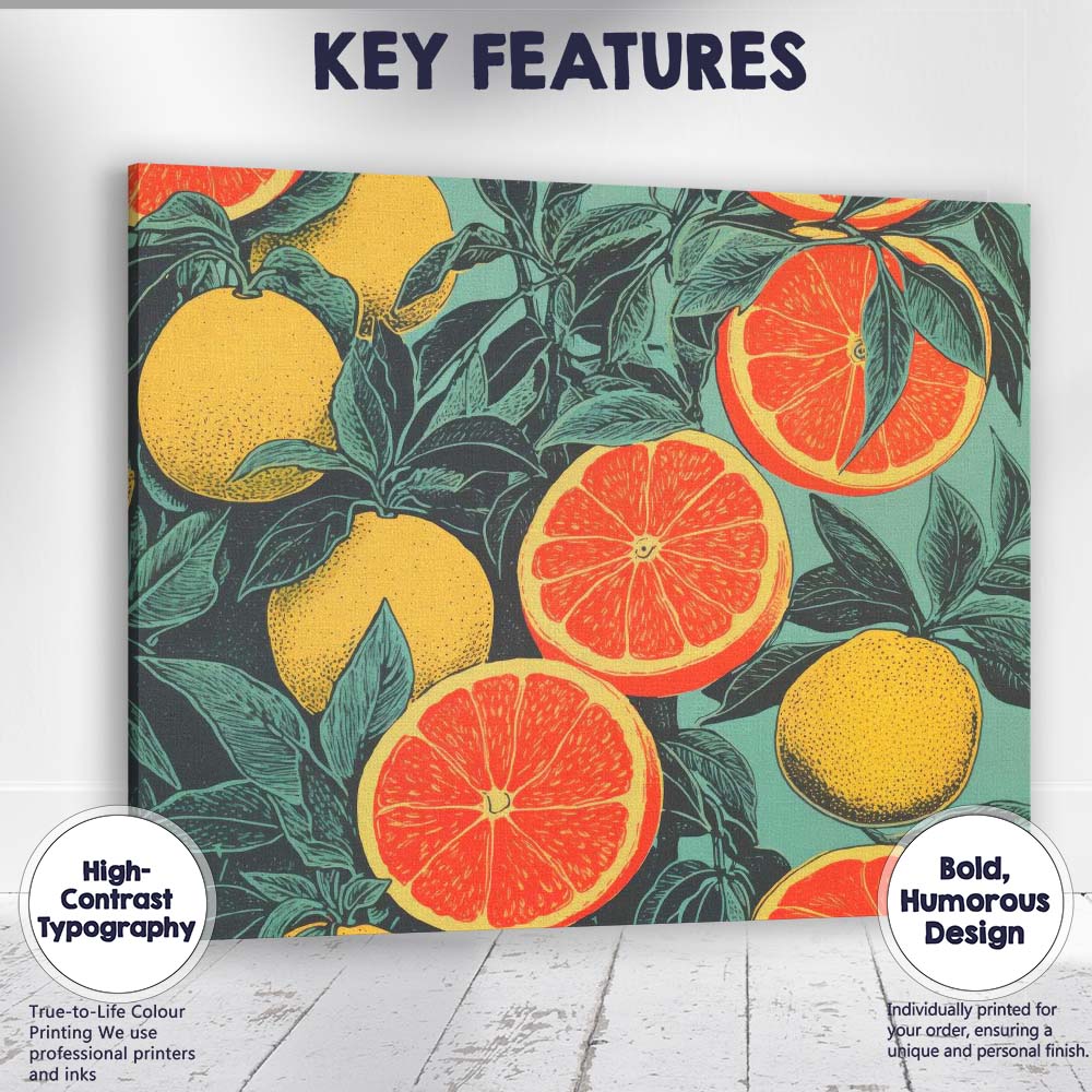 Retro Grapefruit Lemon and Citrus Botanical Pattern Canvas Wall Art Print Decor Picture Ready to Hang