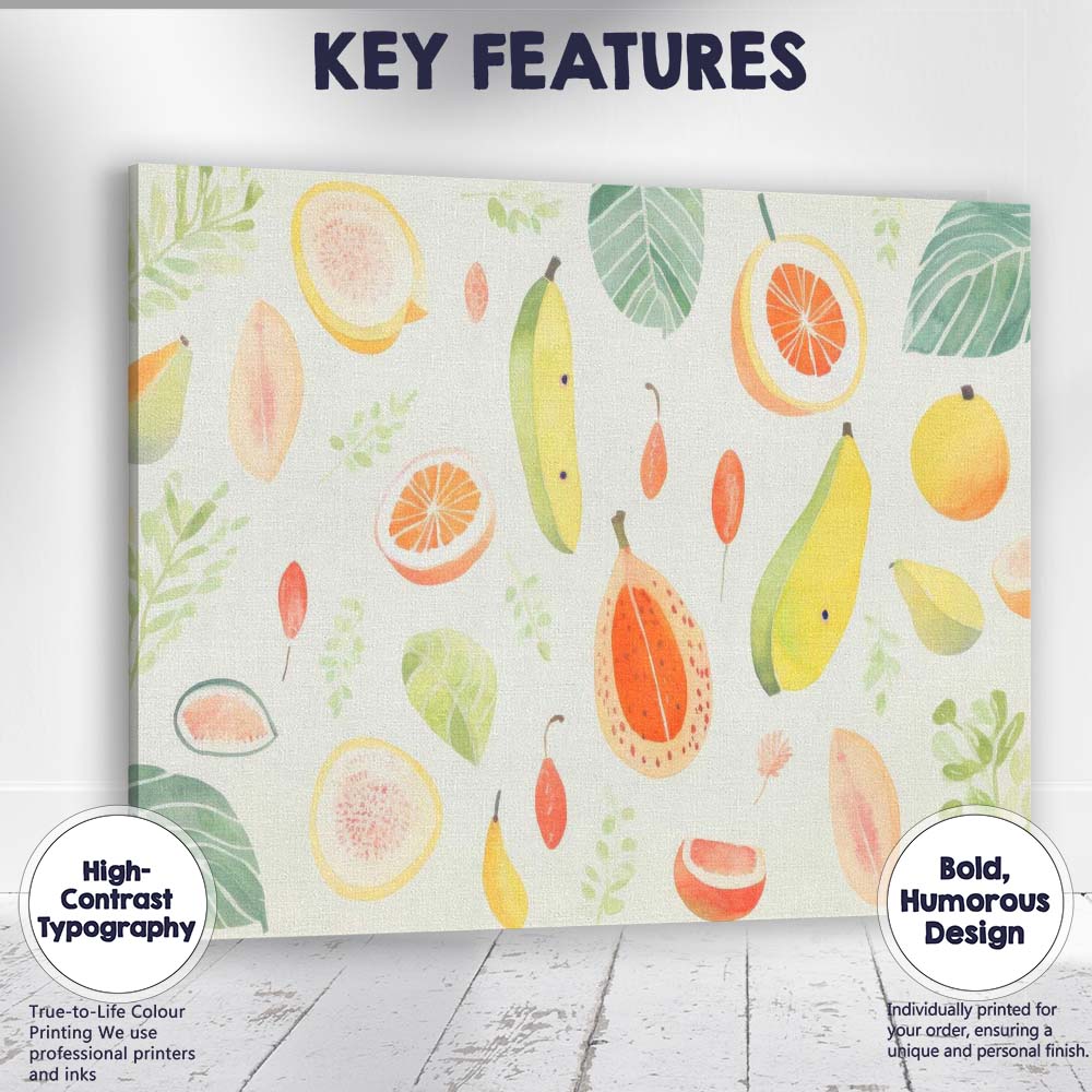 Soft Watercolour Tropical Fruit Botanical Repeat Pattern Canvas Wall Art Print Decor Picture Ready to Hang
